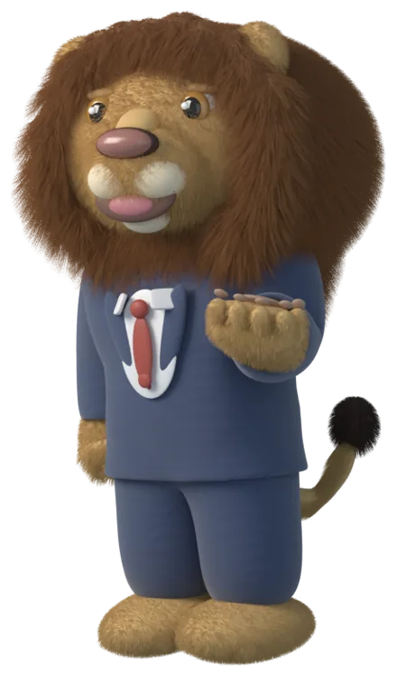 The Reelkix lion in a suit, explaining